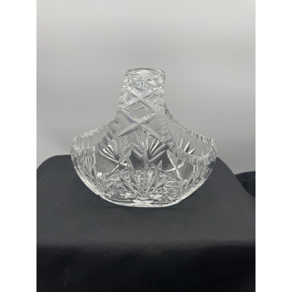Vintage Clear Lead Crystal Glass Starburst  Cut Basket With Handle 6"